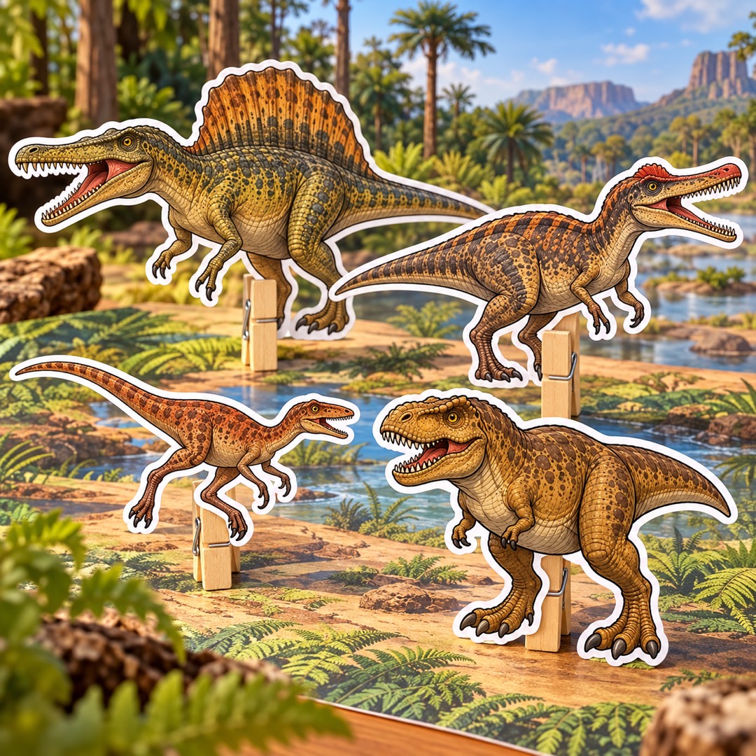 Oxalaia, Irritator, Staurikossauro e Pycnonemossauro sobre cenário pré-histórico do Brasil