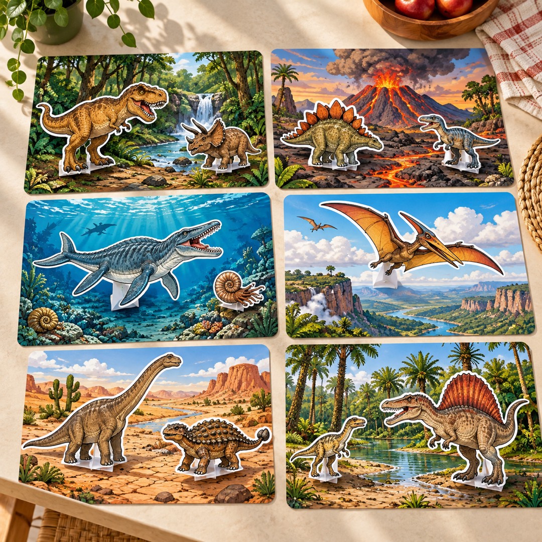 Seis cenários impressos com criaturas de papel