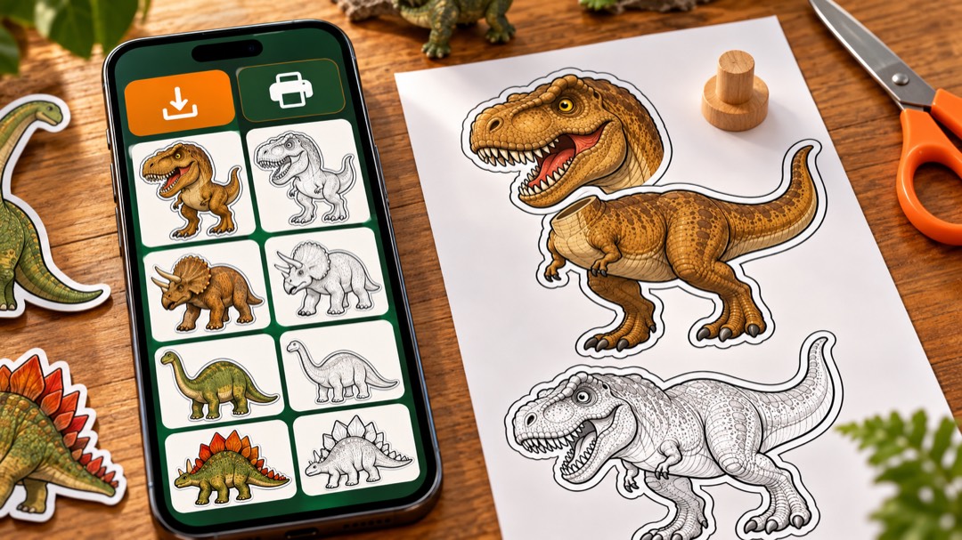 Mockup do acesso no celular com dinos coloridos e versões para colorir